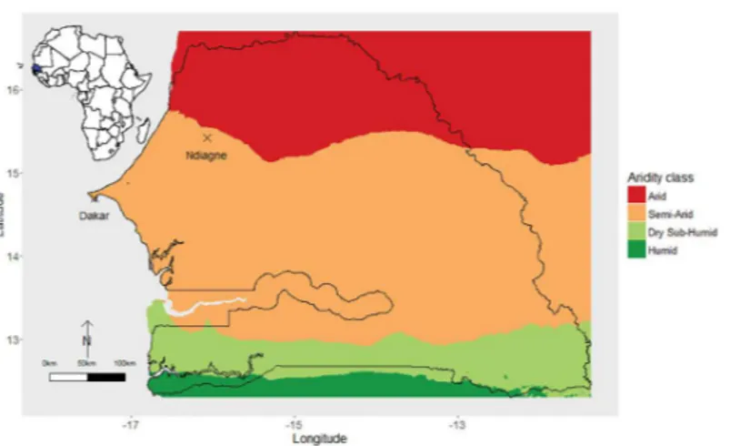 Fig 1. Global Aridity Index in Senegal (West Africa). Data sources: Zomer et al ., 2006 [38] and Trabucco et al ., 2009 [39]; spatial resolution: 10 arc minutes