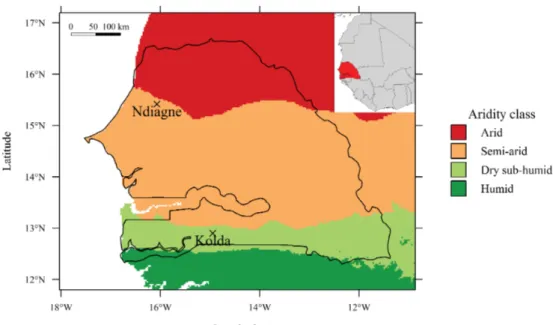 Figure 1. Distribution of aridity classes in Senegal. The small-ruminant follow-up demographic surveys were located in the Ndiagne municipality (Louga region) and Kolda.