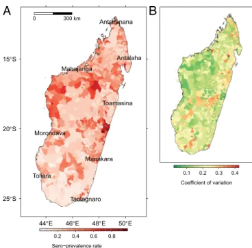 Fig. 2. Sero-prevalence rate of anti-RVFV IgG in ruminants (Madagascar) predicted by the averaged beta-binomial logistic regression model: (A)  pre-dicted rate and (B) coefficient of variation.