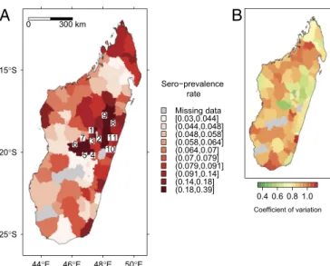 Fig. 4. Sero-prevalence rate in humans predicted by a mixed-effect bino- bino-mial logistic regression model: (A) predicted rate and (B) coefficient of  vari-ation