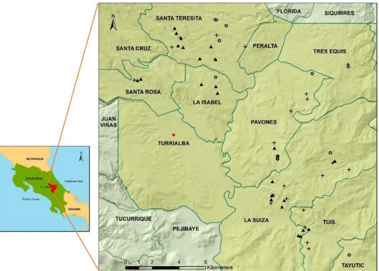 Fig. 2.4.  Location of coffee plots in the Coffee Research Plot Network (CASCADE), Turrialba, Costa  Rica 