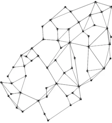 Fig. 8. Graph of historical Troyes downtown road network with 58 nodes and 155 arcs.