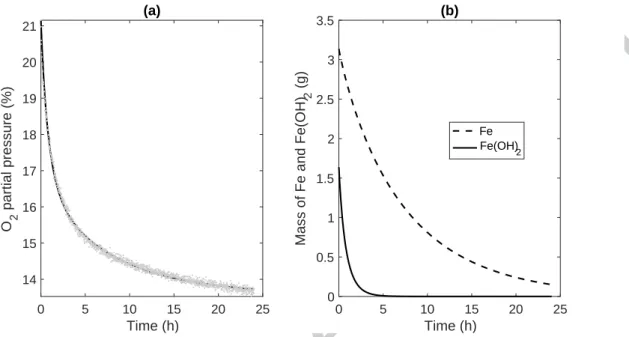 Figure 10: Prediction of O 2  absorption and residual active scavenger for “Dried” MMT-Fe, by  using 2-species model (Eq