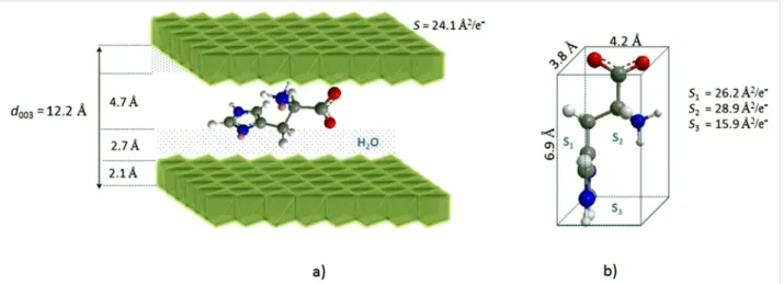 Figure 2: a) Structural model for Mg 2 Al/HIS, b) molecular structure of L-histidine, dimensions and corresponding surface area per unit charge calcu- calcu-lated by considering a rectangular parallelepiped shape.