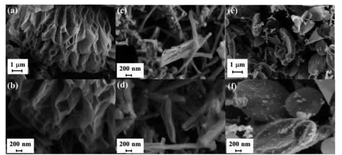 Fig. 1 SEM images of thermally exfoliated FG (a and b), F CNF (c and d) and F CND (e and f).
