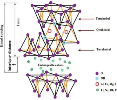 Figure I.4: The structure of 2:1 layered silicate (Pavlidou and Papaspyrides, 2008)  To  take  maximum  advantage  of  adding  layered  silicates  in  polymer  matrices,  their  compatibility  with  the  matrix  have  to  be  improved