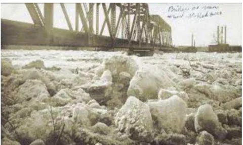 Figure 4. Ice jam acting on a railway bridge on the Red Deer River. Courtesy of Peel's  Prairie Provinces, a digital initiative of the University of Alberta Libraries 4 