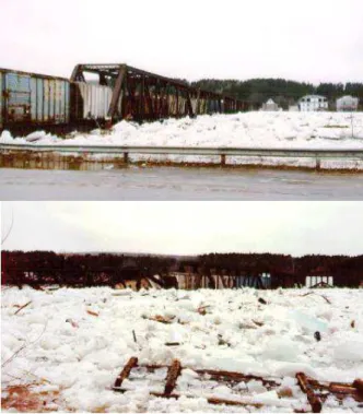 Figure 7. Top) Ice jam at a railway bridges in New Brunswick. Bottom) Collapsed bridge  under ice forces