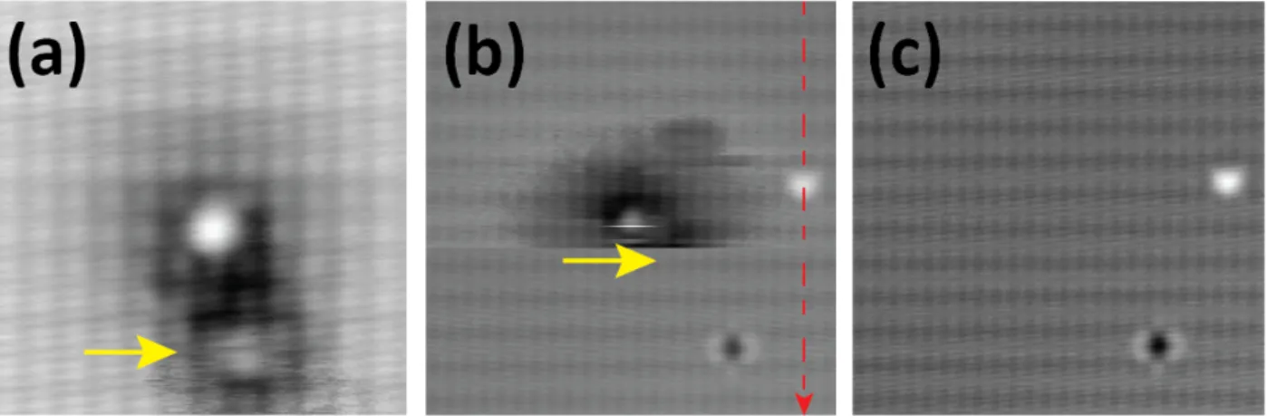 Figure 1: (a) Single hydrogen atoms physisorbed on the chemically inert H-Si(100) surface could be stably imaged in lled states at low voltage (+1.3 V)