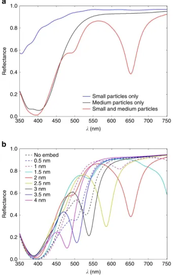 Figure 6 | Computed reflectance responses. (a) Computed reflectance spectra considering only small NPs embedded by R s /2; only medium NPs embedded by R m /2; and medium and small NPs embedded by R m /2 and R s /2, respectively