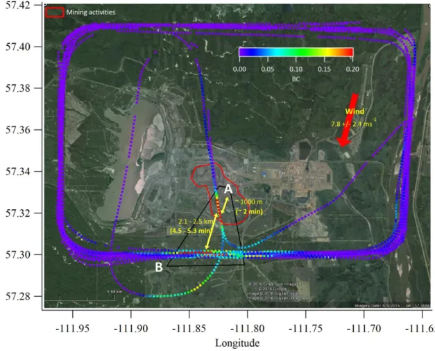 Figure S-2. Concentration of BC during emission flight 17 (CNRL) showing  a transect (A) within the box and  closest to the mining emission source (red box)