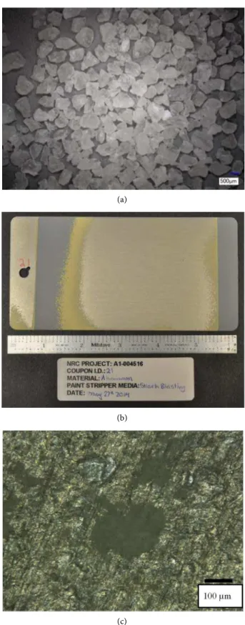 Figure 11.  (a) Type VII eSritp: corn starch  with 5% acrylic content; (b) end result of  starch-acrylic media blasting; (c) high magnification view of paint residues in stripped  area.