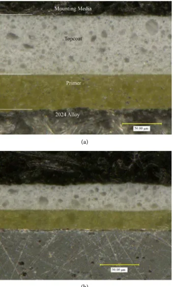 Figure 1. Cross sectional views of 2024-T3 aluminium panel: (a) cross section in the loca- loca-tion of the maximum paint thickness; and (b) cross secloca-tion in the localoca-tion of minimum  paint thickness (the order of legends follows the same as 1a).