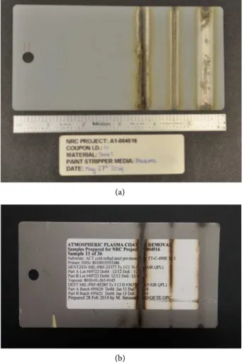 Figure  2.  Post-strip view of the SAE 1008 steel coupon: (a) rear view indicating the  charred paper sticker on the back of coupon.