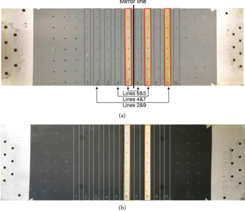 Figure 6. Panel layout showing the types of stripped panels: a) stripped in three regions  (lines) of panel Al 2024-T3 TP3 Thick; and b) stripped in two lines of panel Al 7075-T6  TP5 Thick