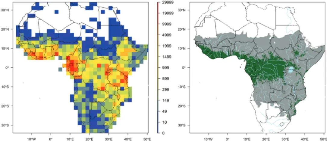 Figure 1. Left map: record density in 2° × 2°cell including all georeferenced records that passed the quality  checks