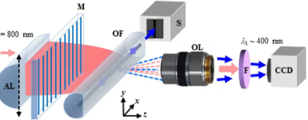 Fig. 3. A schematic of the microscopy setup to monitor nonlinear photoluminescence in the  Ge-doped core of the D-fiber