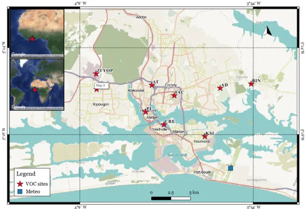 Figure 1. Geographical location of Abidjan, Côte d’Ivoire, and spatial distribution of ambient VOC measurements