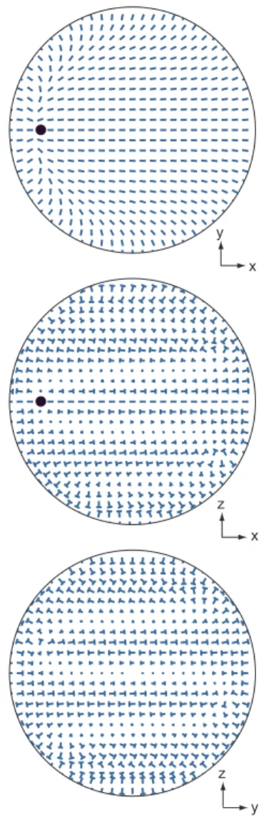 Fig. 14 Director field corresponding to the ansatz proposed in Sec. 4.2 in three orthogonal planes passing through the center of the droplet when α = 0 (see text)