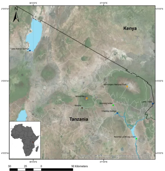 Figure 1. Map of the study areas in Northern Tanzania. Blue circles represent the locations of the study areas at Lake Natron Springs, Chemka Springs, and Lake Chala
