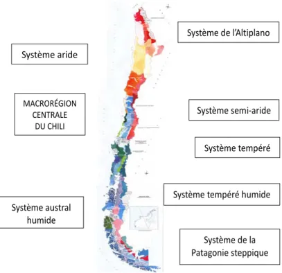 Figure 1 : Systèmes écorégionaux du Chili. Source : d’après l’Atlas Ambiental de Chile,   Minesterio de Obras Públicas, 1994