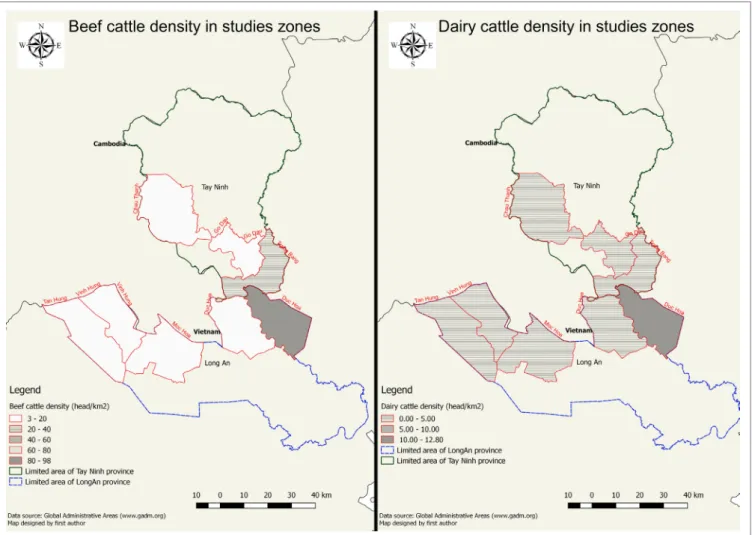 FigUre 1 | Cattle population density in eights districts under study (left: beef cattle; right: dairy cattle).