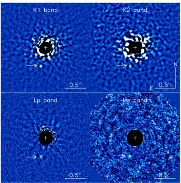 Figure 1. Final PSF-subtracted images of 51  Eri  b. Top: LOCI-reduced GPIES images at the K1 (2016 January 28, left) and K2 bands (2015 December 18, right)