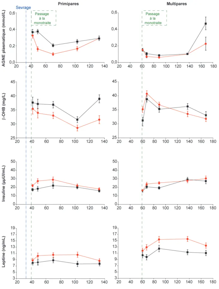 Figure 1. Evolution du profil métabolique des brebis Lacaune, primipares et multipares, soumises à une ou deux traites par jour, deux semaines après le sevrage des agneaux (essai La Fage 2010).