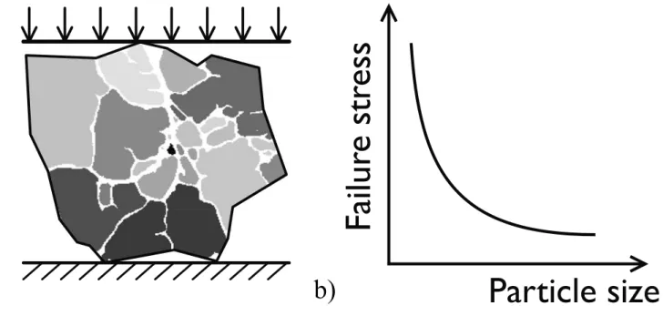 Figure 8: a) (color online) Particle fragmented using a peridynamic approach; the diﬀerent fragments are colored using an image analysis algorithm