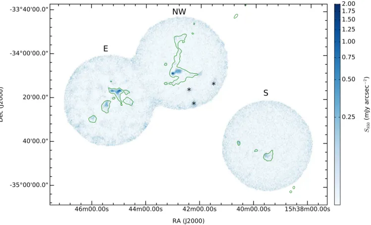 Figure 1. SCUBA-2 850 µm dust continuum map of the Lupus I molecular cloud. Noisy edges of the three fields have been largely removed from the map.