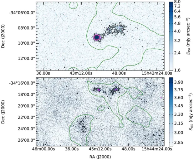 Figure 2. SCUBA-2 450 µm dust continuum maps of the Lupus I molecular cloud NW (top) and E (bottom) fields