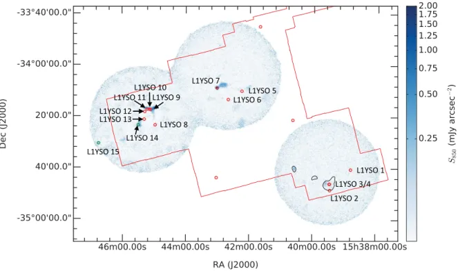 Figure 3. SCUBA-2 dust continuum map of the Lupus I molecular cloud at 850 µm. Additional masking contours produced from the Herschel 500 µm Lupus map (Rygl et al