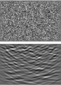 Figure 1: White noise model (top), Typical model in the range space of H: curvelet-masked coloring (bottom)