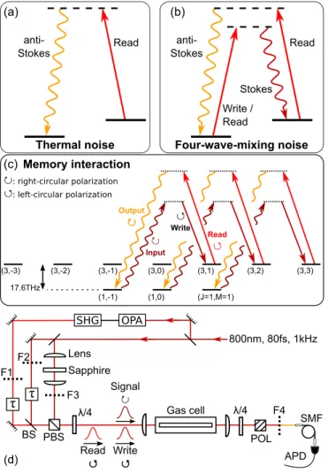 FIG. 1. (a) A read pulse scatters from thermal population to create an anti-Stokes noise photon at the signal wavelength