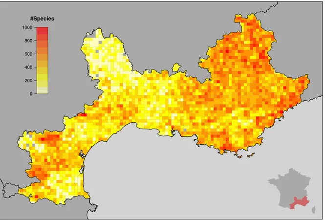 Figure 1. Distribution of the number of species per grid cell (l = 5 km). The inset shows a map of France including the studied area colored in red