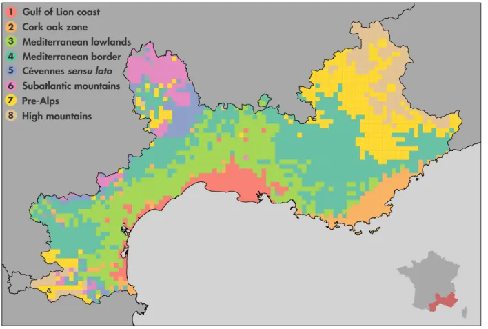 Figure 4. Bioregions based on similarity in plant species (l = 5 km). Eight bioregions have been identified