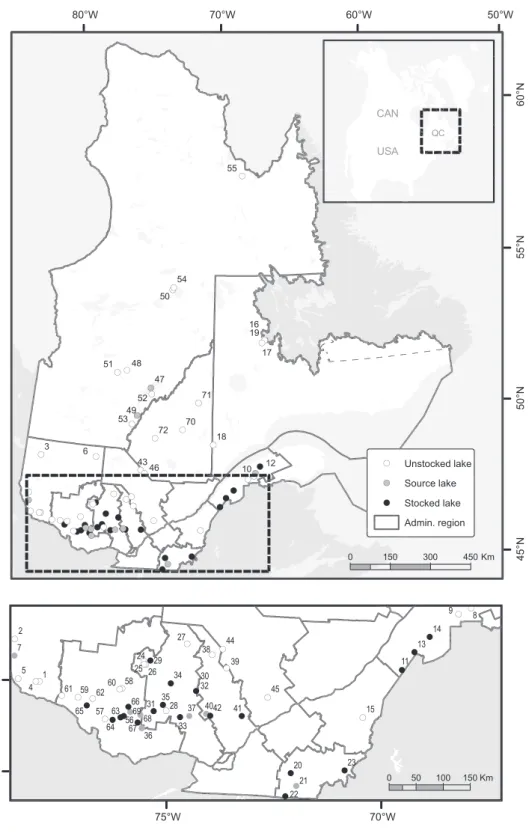 Figure 1 Geographical locations of sampled populations in the province of Qu ebec, Canada (see Table 1 for more information).