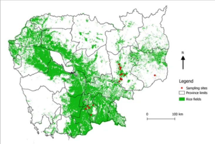 FIGURE 1 | Location of sampling sites. Map showing the locations of the sampled farms (red dots), and the abundance of rice fields (green)