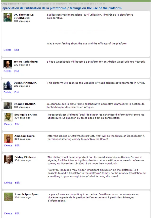 Fig. 3. Excerpt of the online discussion on the collaborative platform Weedsbook, on the subject ‘ feelings on the use of the platform ’ 