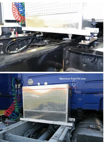 Figure 2.6: Fuel tank installed on frame rails behind the tractor cab (top - control truck, bottom - test truck).