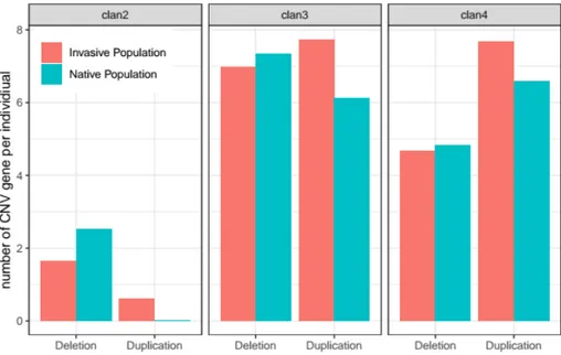 Figure 4. Average numbers of deleted or duplicated P450 genes per individual in invasive and  native populations for clan2, clan3, and clan4