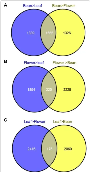 Figure 6 Venn Diagrams indicated genes that are over- over-expressed specifically in each tissue (Bean, Flower and Leaf).