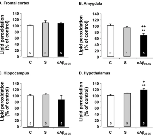 Figure 3. Oxidative stress. Variations in lipid peroxidation levels in the frontal cortex, amygdala, hippocampus and hypothalamus, determined in rats 6 weeks after icv injection of scrambled Ab 25–35 peptide (10 mg/rat; negative control) or oAb 25–35 (10 m