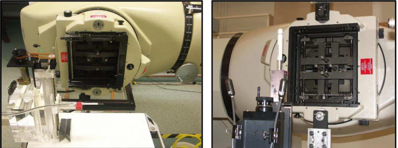 Figure 1. In-air measurement set-ups for LMRI (left) and NRC (right). The major difference is that the trimmer  bars are not installed on the NRC unit (see the four rods near the centre)