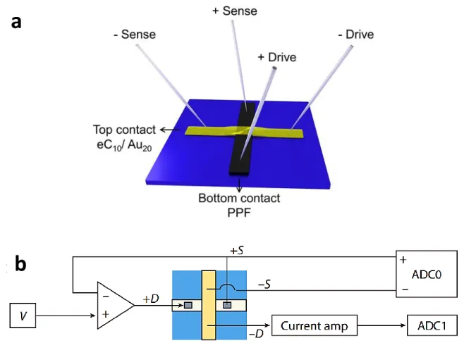 Figure S4. (a) Schematics of 4-wire mode electrical connection. (b) Schematics of 4-wire mode  electrical  measurement  setup