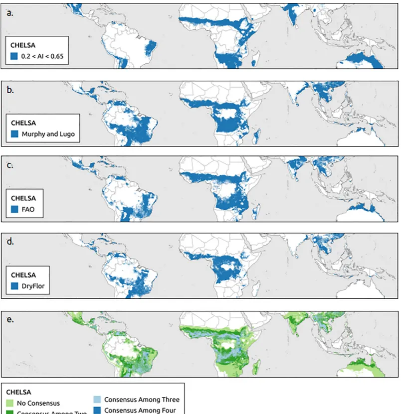 Fig 3. Global distribution of tropical dry forest biome using CHELSA. Based on (a) aridity index (b) Murphy and Lugo, (b) Food and Agriculture Organization of the United Nations (FAO), (c) DryFlor bioclimatic definitions using CHELSA and (e) overlap of all