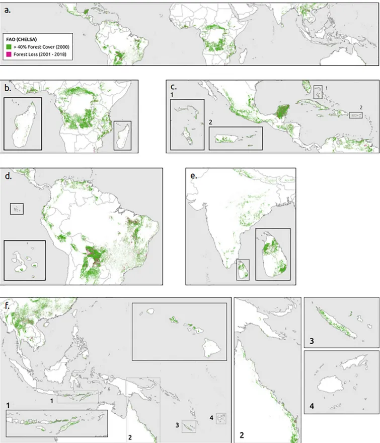 Fig 5. Forest cover and change from FAO bioclimatic definition, CHELSA climate data set, and closed canopy cover