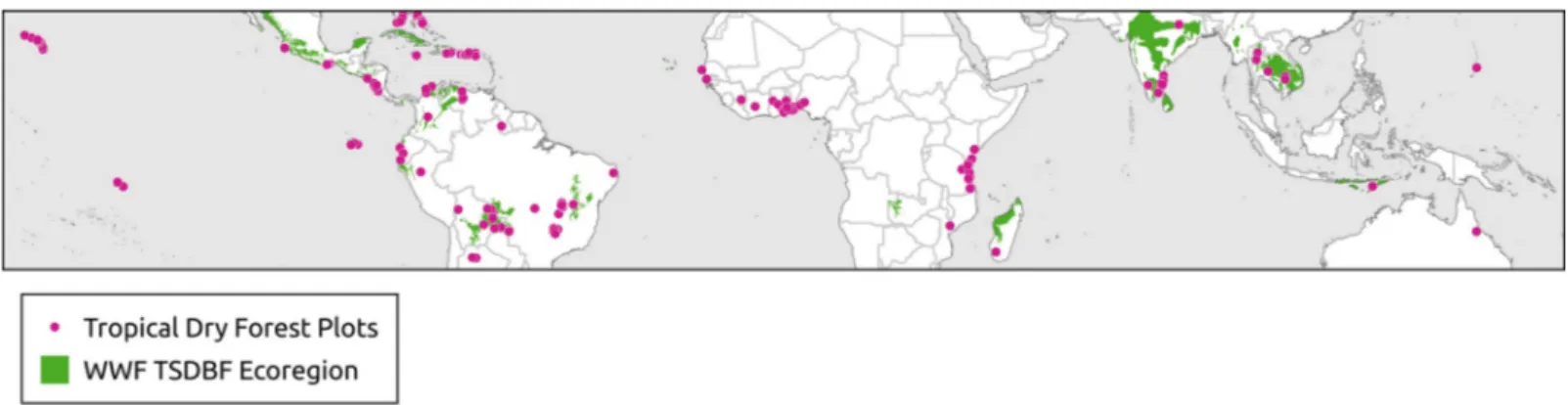 Fig 1. Distribution of 540 tropical dry forest plots and the World Wildlife Fund’s tropical and subtropical dry broadleaf forest ecoregion.