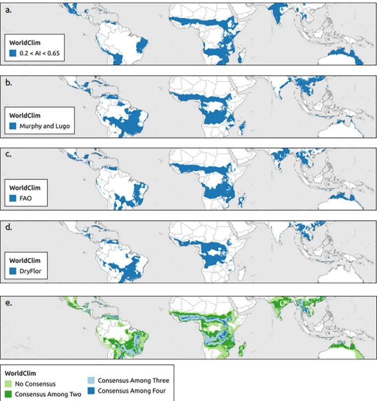 Fig 2. Global distribution of tropical dry forest biome using WorldClim. Based on (a) aridity index, (b) Murphy and Lugo, (c) Food and Agriculture Organization of the United Nations (FAO), (d) DryFlor bioclimatic definitions using WorldClim and (e) overlap