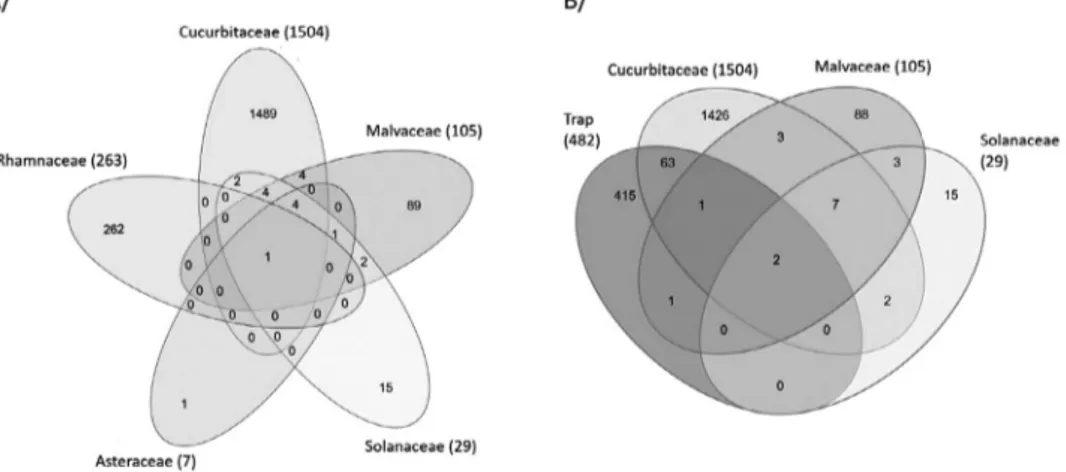 Fig. 2. A) Number  of  MLGs identiﬁed in  aphids according  to their host  plant families  (representing 88% of the collected  aphids)